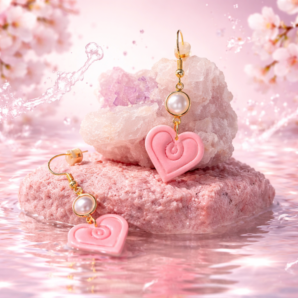 Pink Heart and Pearl Polymer Clay Dangles