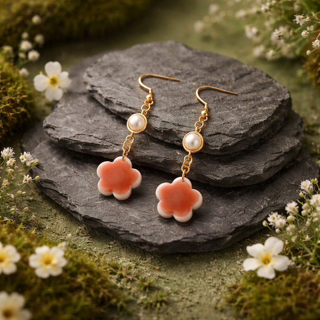 Wine & Pearl Flower Polymer Clay Dangles Earrings
