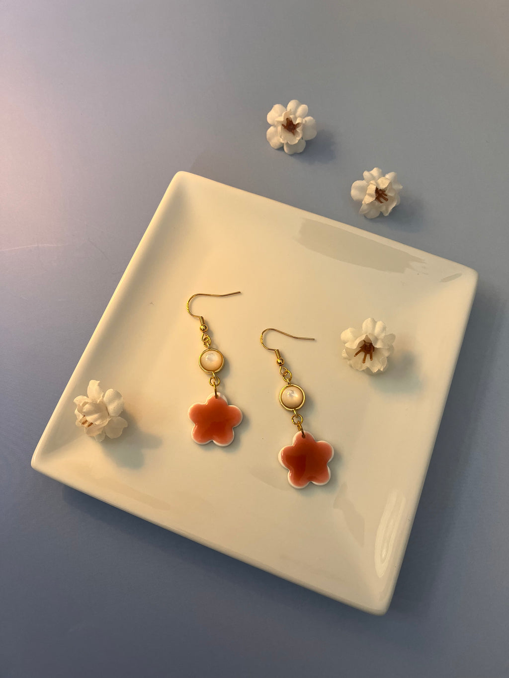 Wine & Pearl Flower Polymer Clay Dangles Earrings