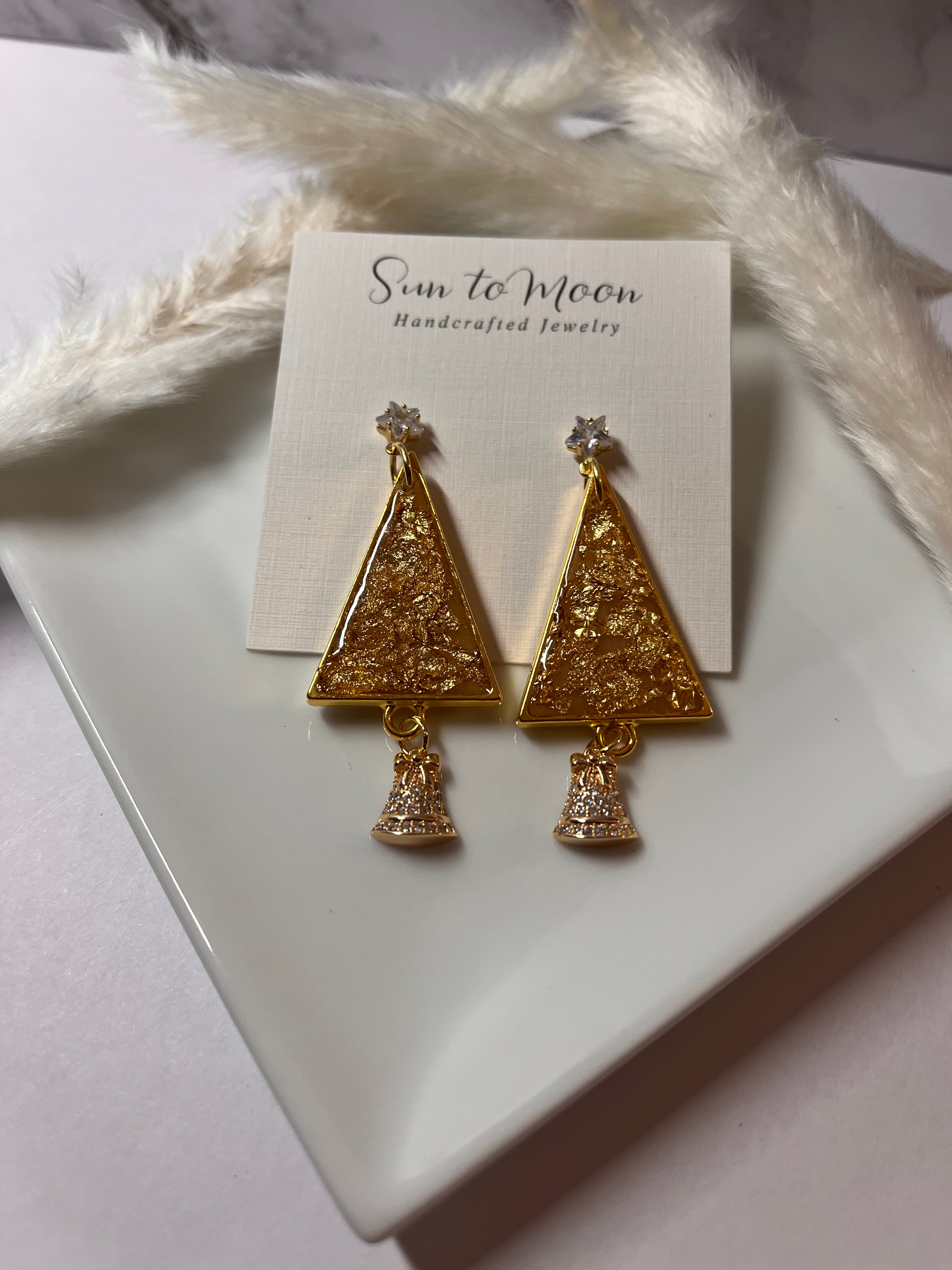 Gold Flake Christmas Tree Polymer Clay Drop Earrings
