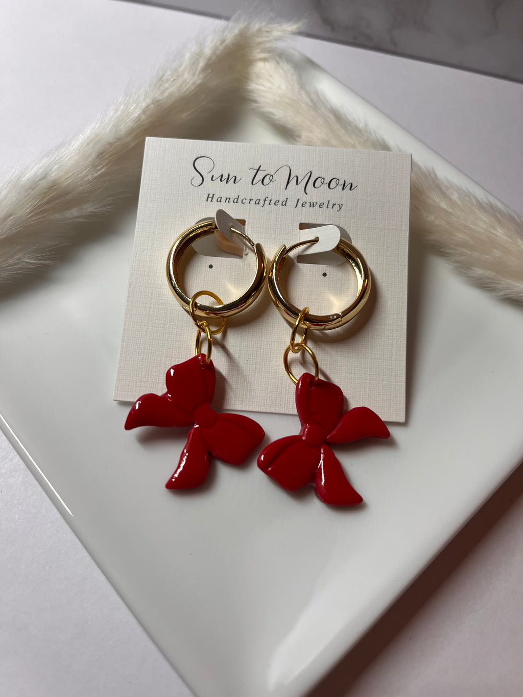Red Bow Christmas Polymer Clay Dangle Earrings