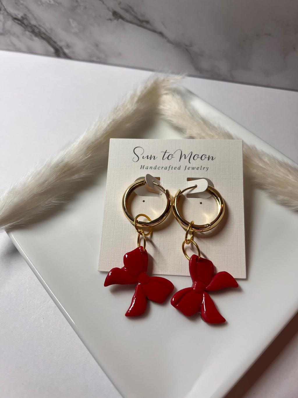 Red Bow Christmas Polymer Clay Dangle Earrings