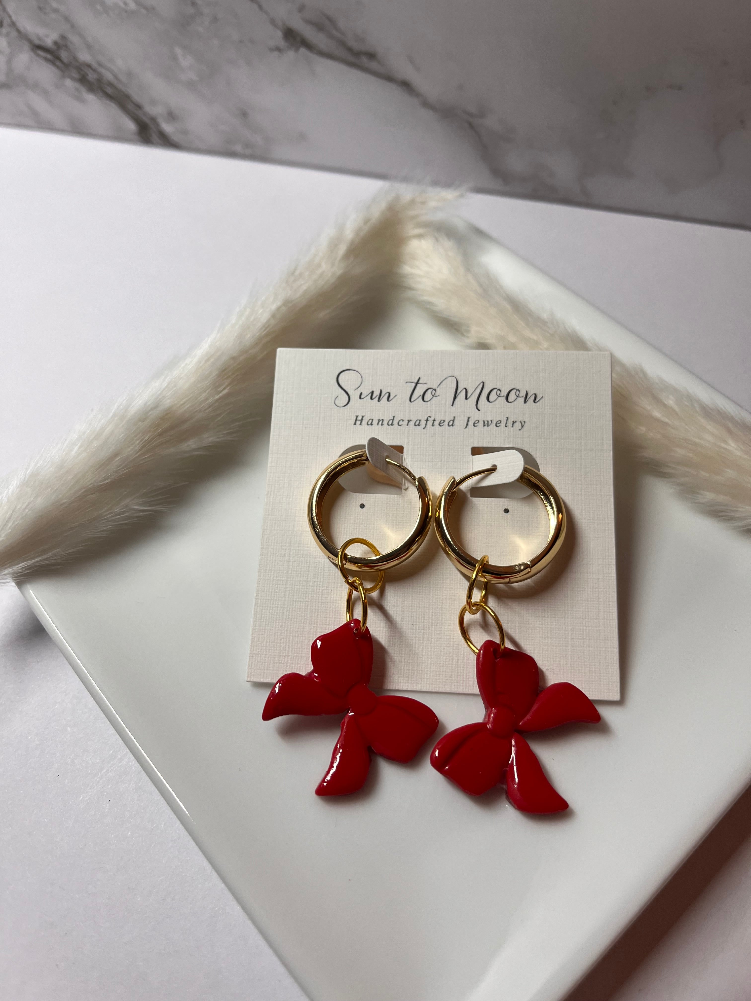 Red Bow Christmas Polymer Clay Dangle Earrings