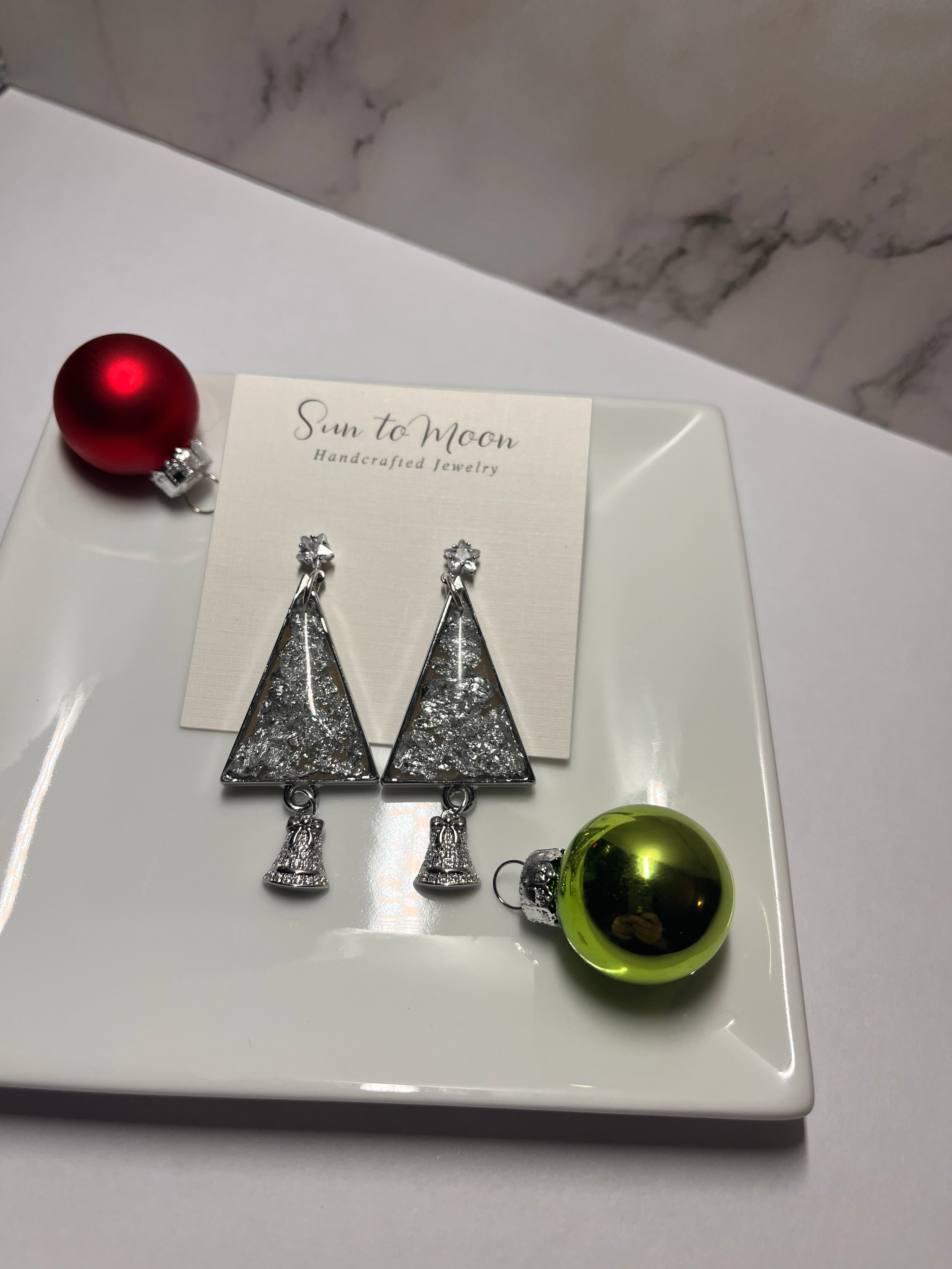 Silver Flake Christmas Tree Polymer Clay Drop Earrings