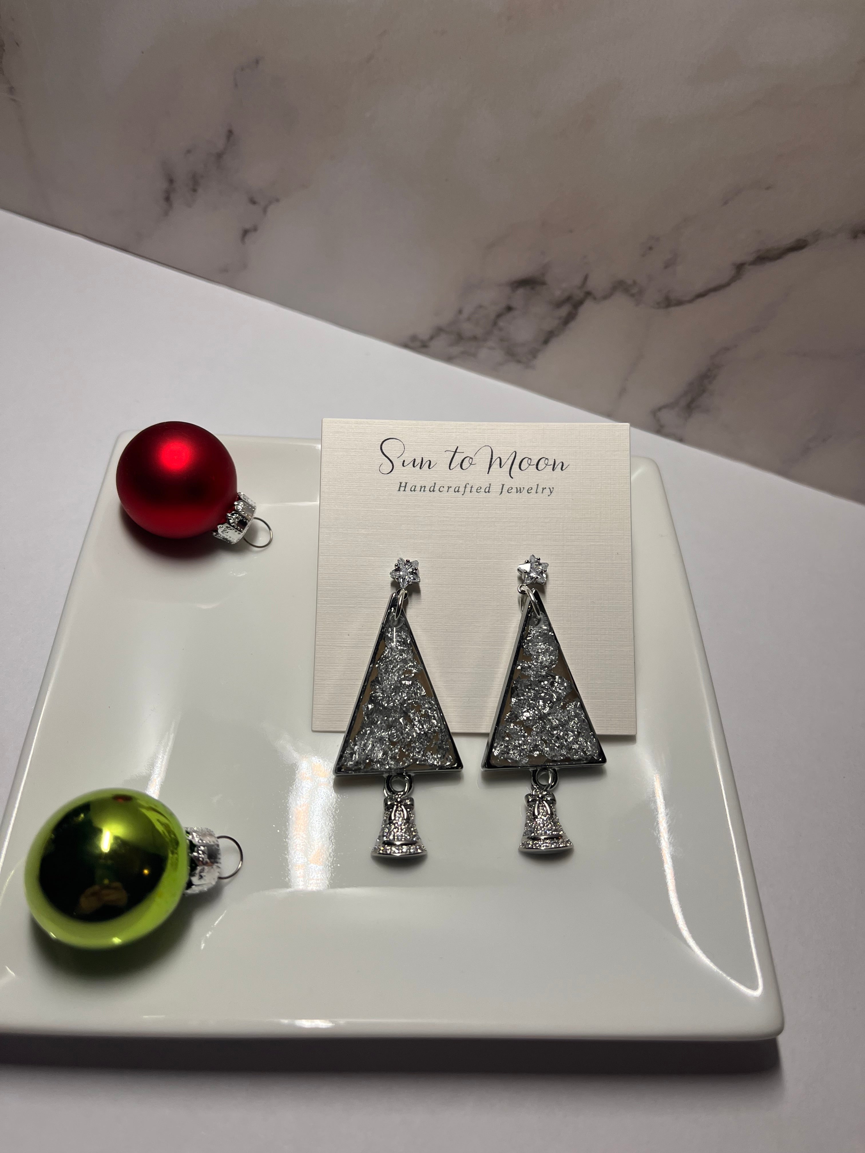 Silver Flake Christmas Tree Polymer Clay Drop Earrings