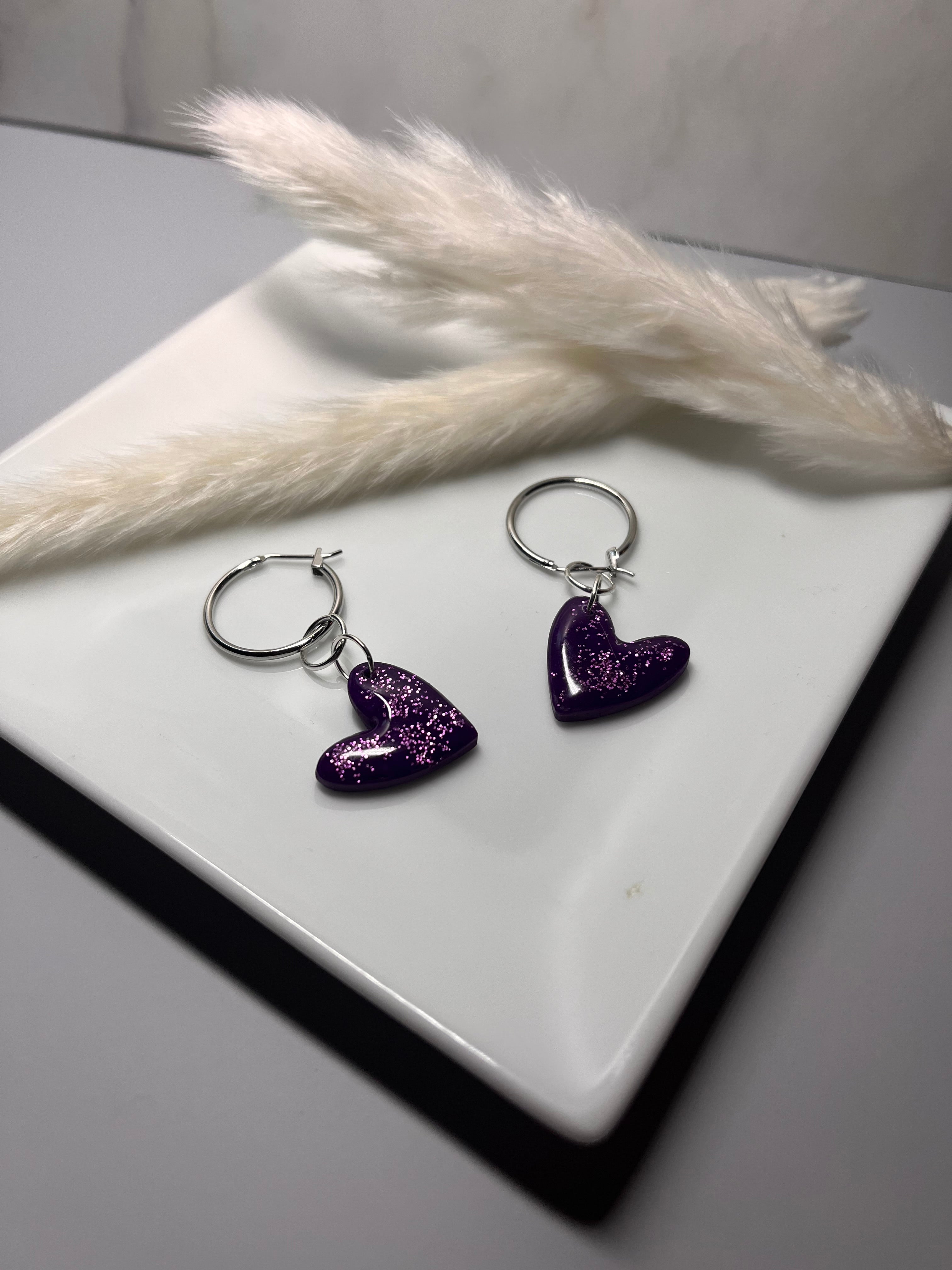 Purple Glittery Polymer Clay Hearts