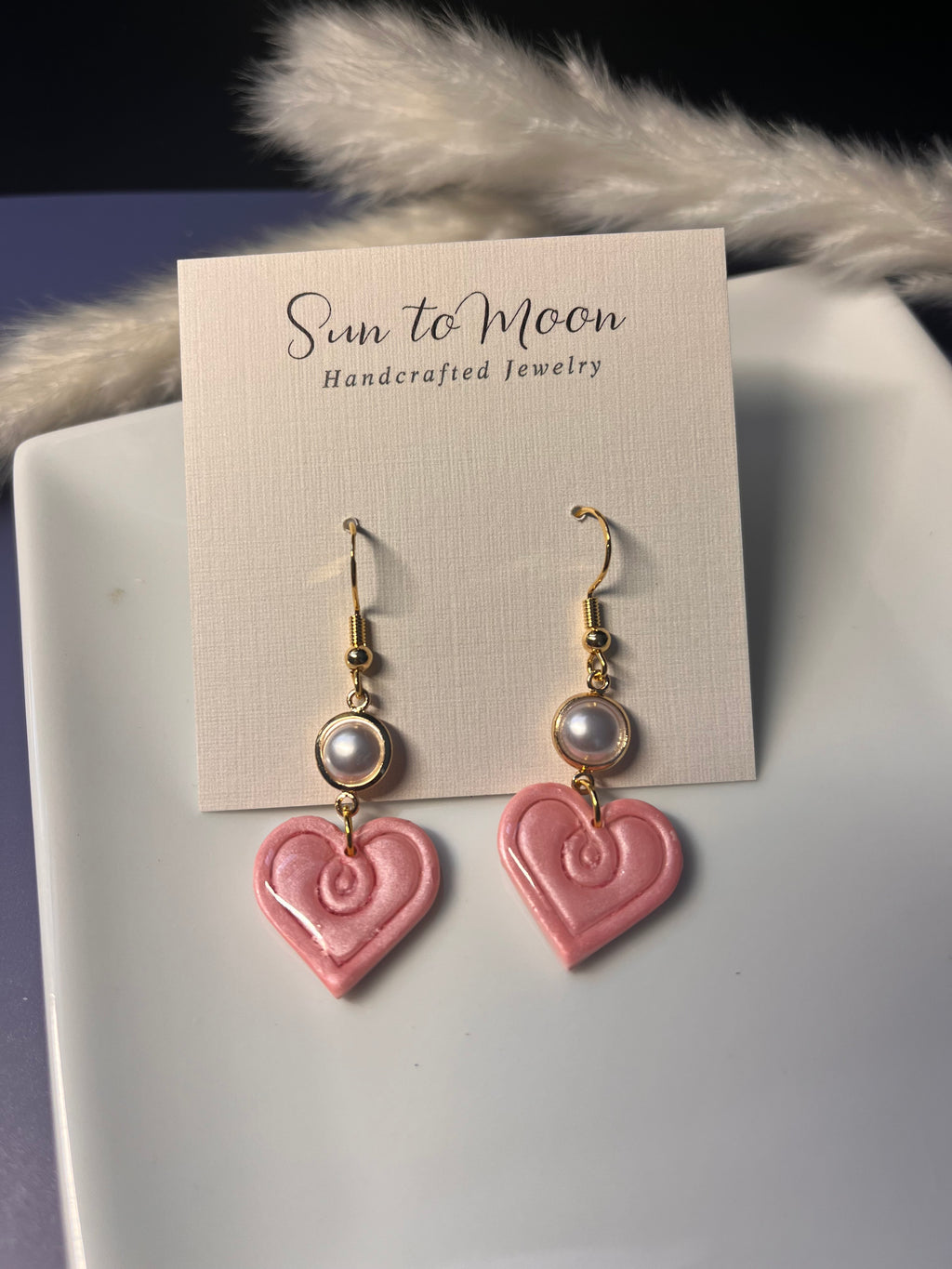 Pink Heart and Pearl Polymer Clay Dangles