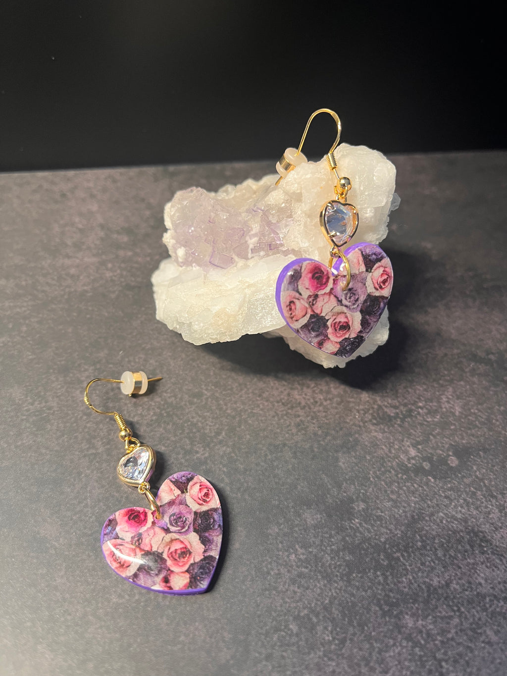 Rose Heart with Clear Heart Gem Polymer Clay Dangles