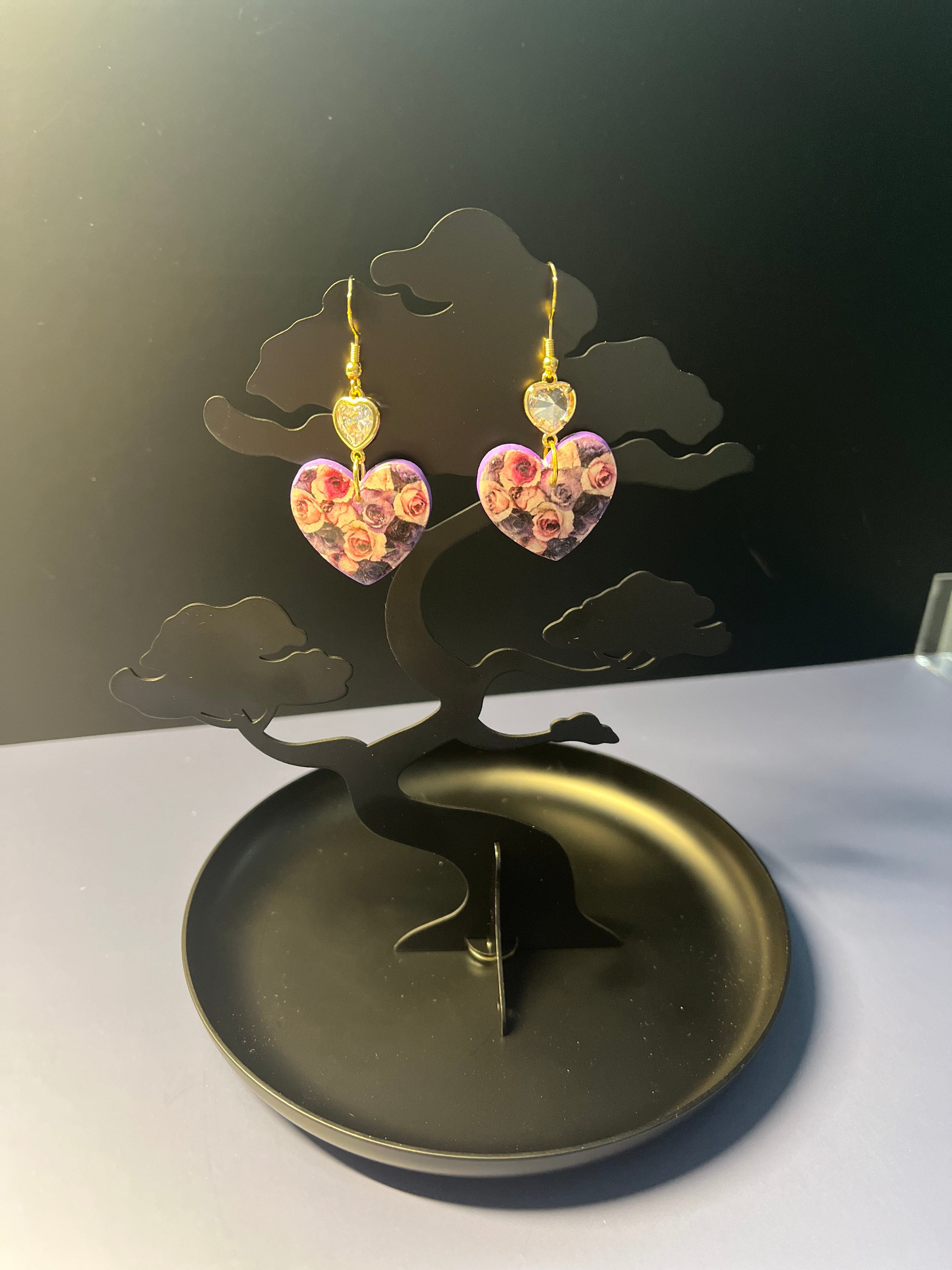 Rose Heart with Clear Heart Gem Polymer Clay Dangles