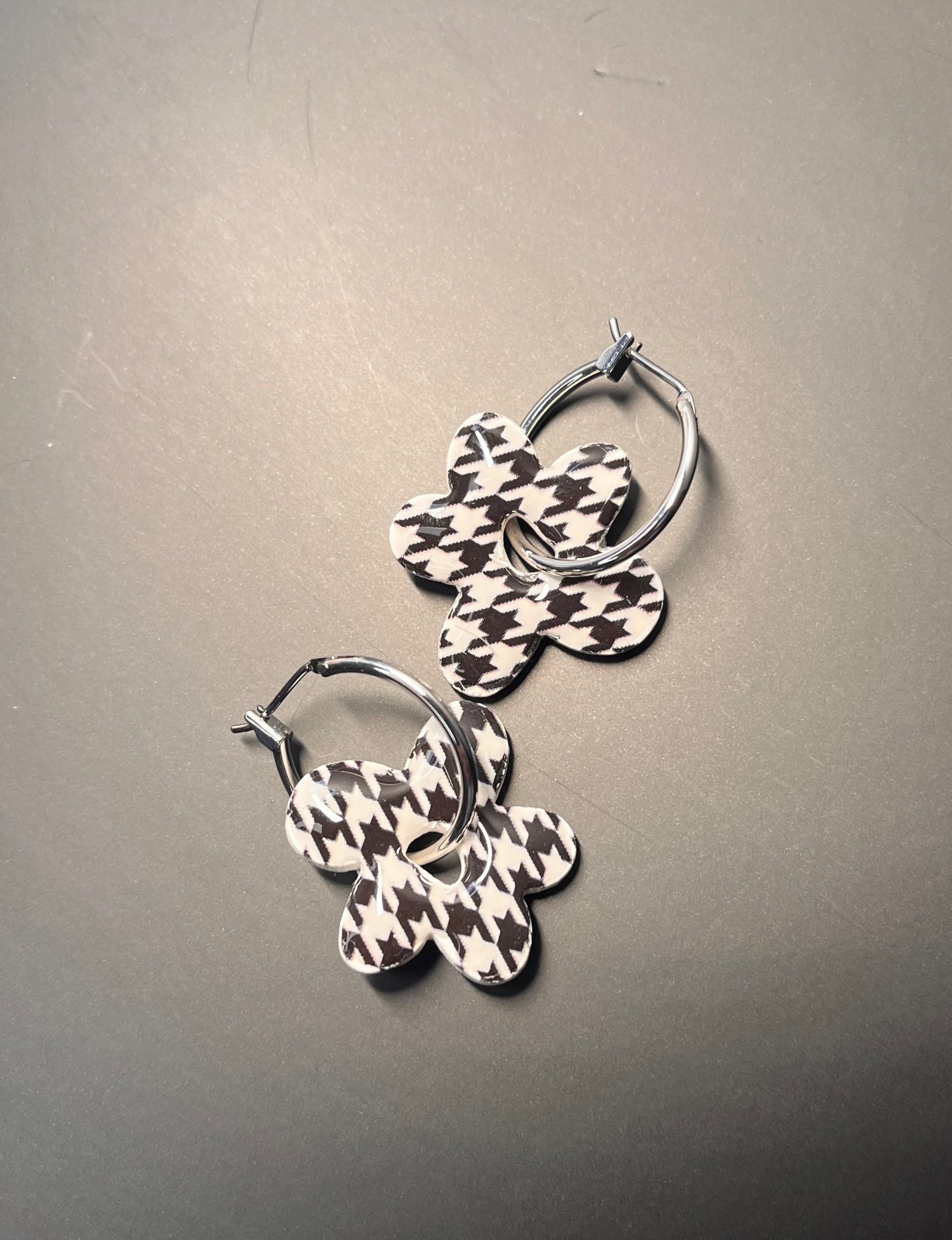 Black & White Polymer Clay Argyle Flower Hoops