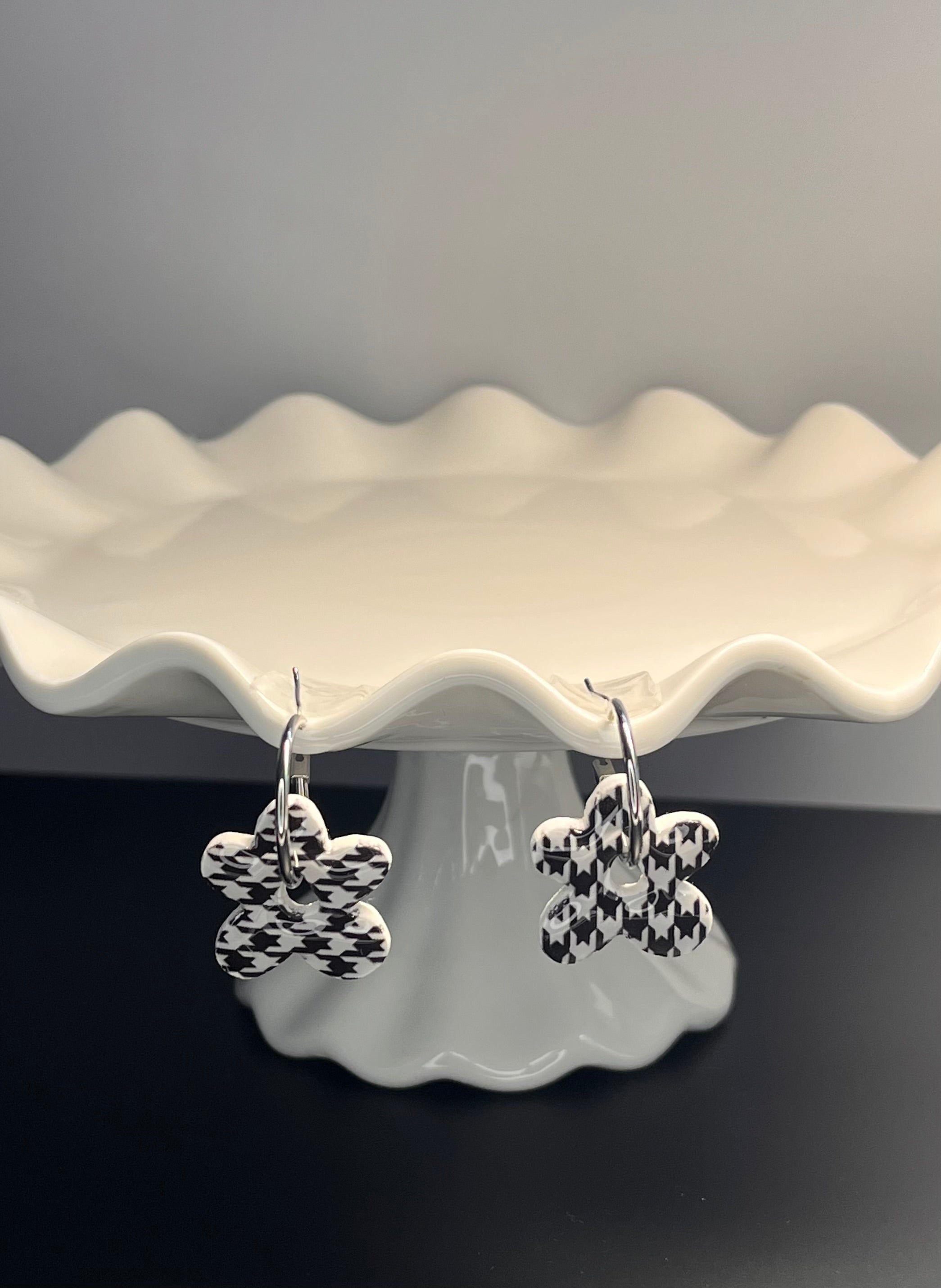 Black & White Polymer Clay Argyle Flower Hoops