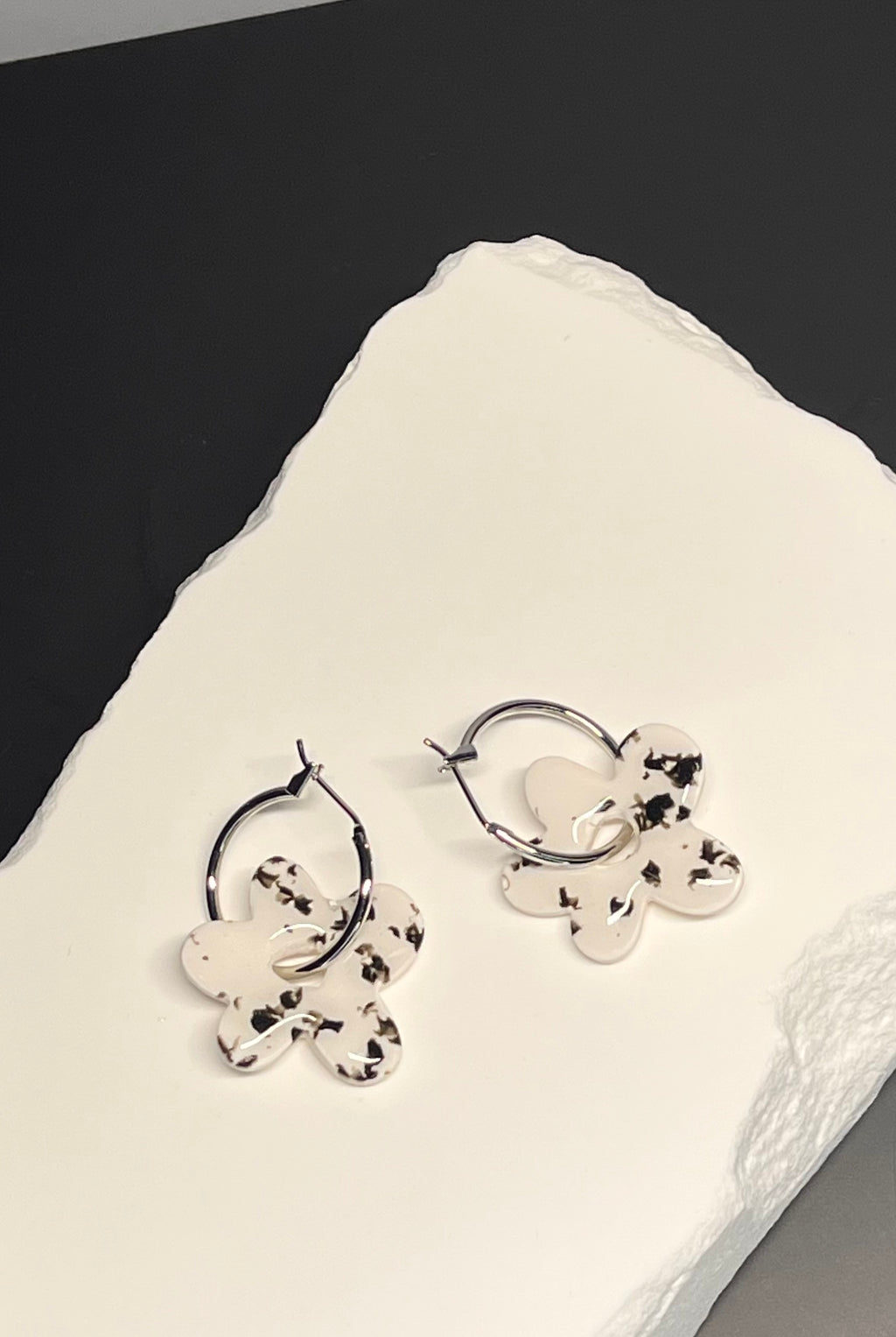 White & Black Polymer Clay Speckled Flower Hoops