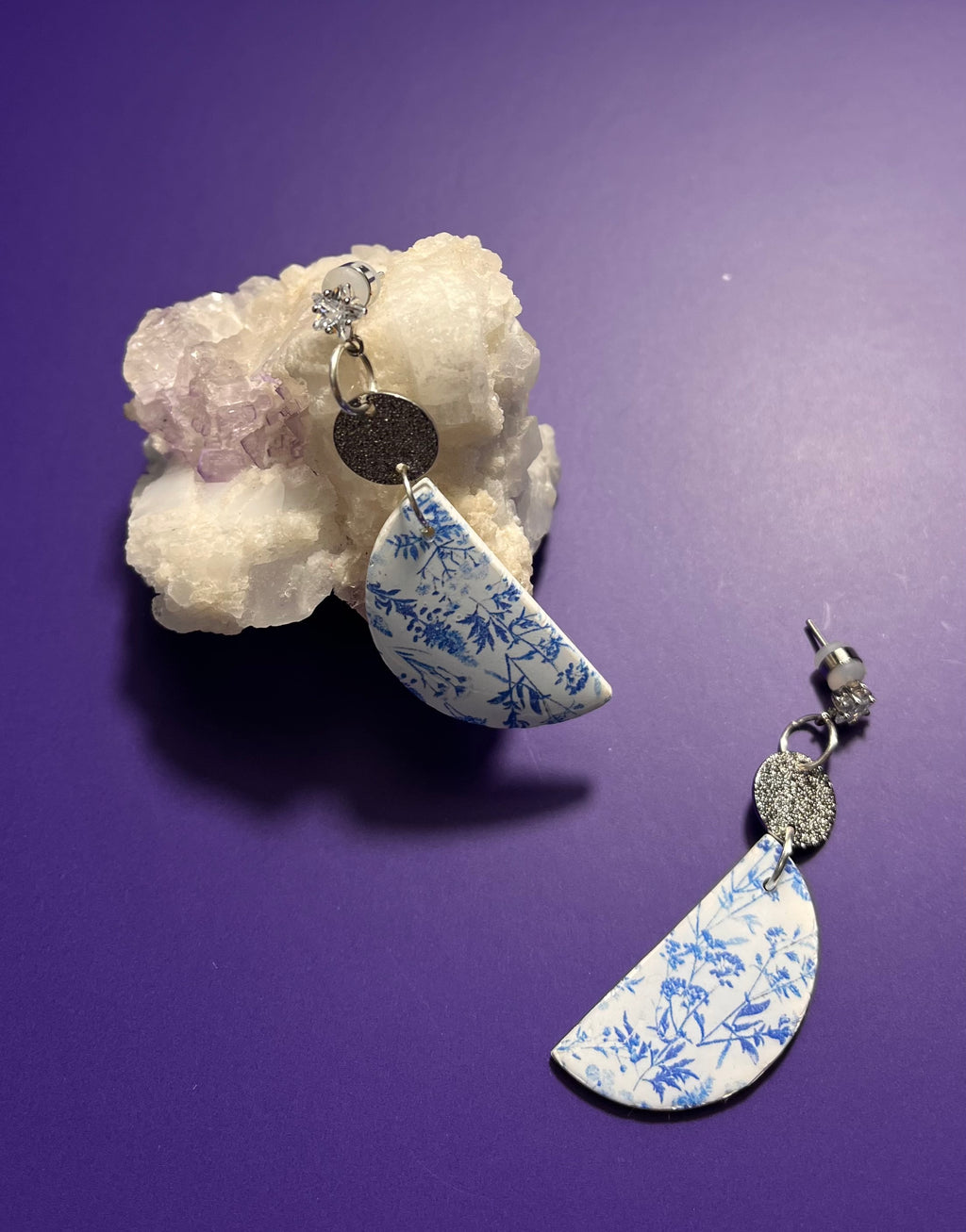 Blue Floral Half Moon Dangles
