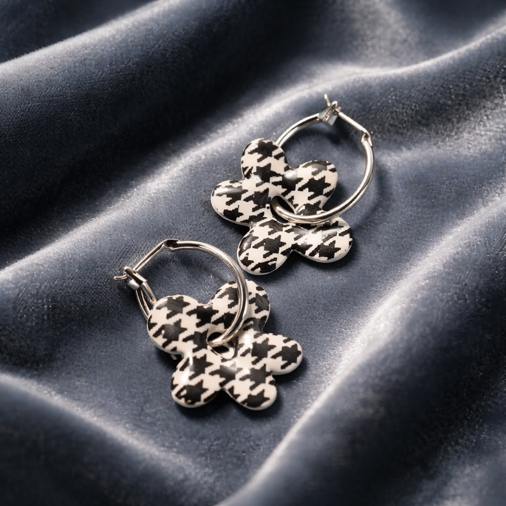 Black & White Polymer Clay Argyle Flower Hoops